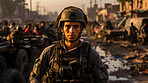 Armored soldier standing in middle of bombed city. Candid shot. People in background.