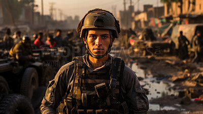 Buy stock photo Armored soldier standing in middle of bombed city. Candid shot. People in background.