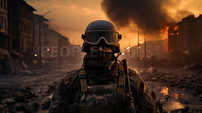 Portrait of soldier in middle of war torn city. Armored soldier with mask.