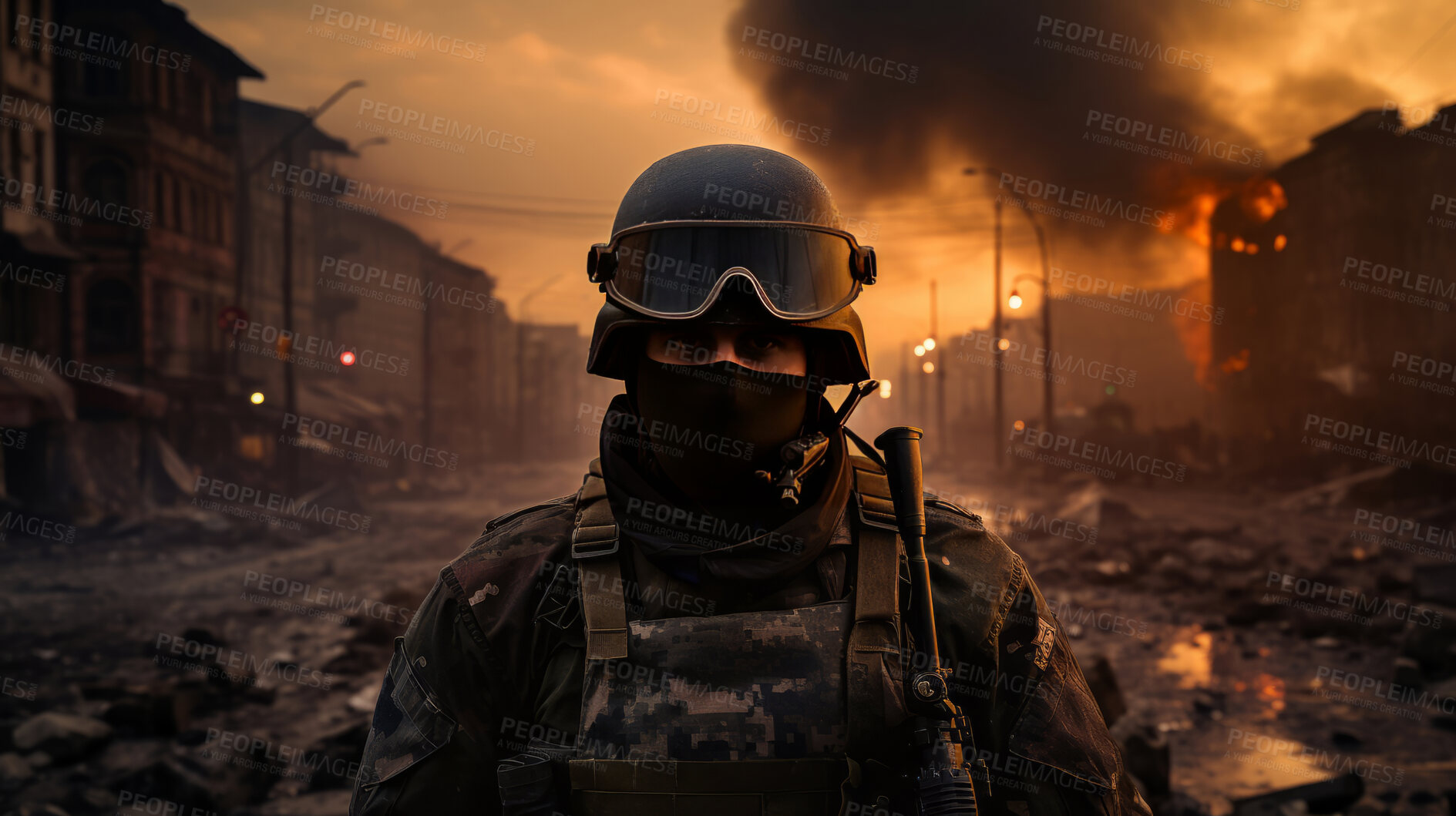 Buy stock photo Portrait of soldier in middle of war torn city. Armored soldier with mask.