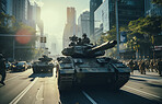 Shot of battle tanks riding through city street.