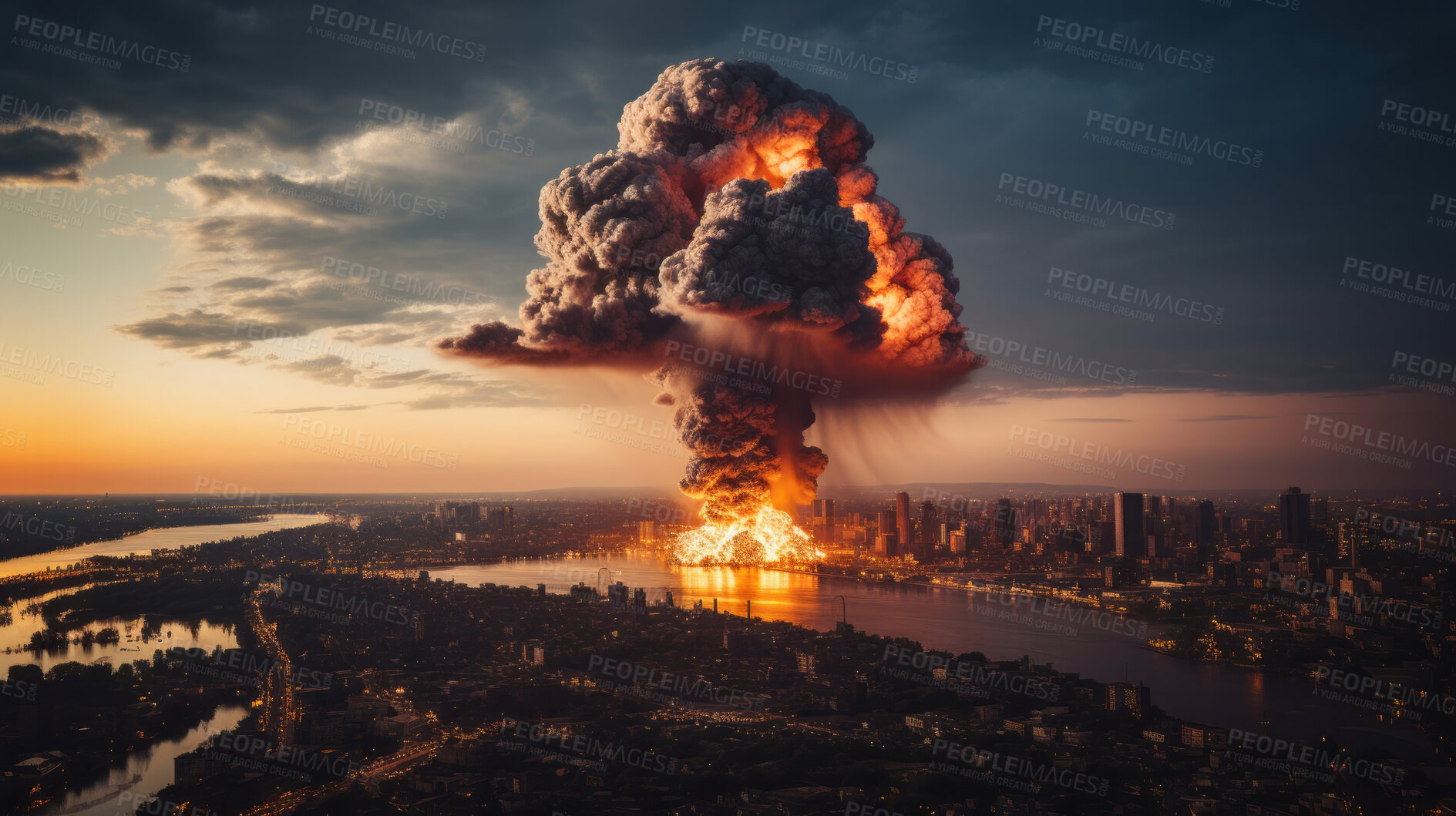 Buy stock photo Large nuclear explosion in distant skyline. Cityscape explosion at sunset.