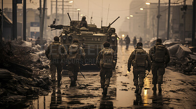Battle tanks riding through war torn city street. Soldier following.