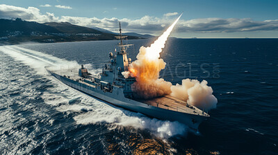 Naval ship launching missile into sky. Aerial shot. Battleship attacks.
