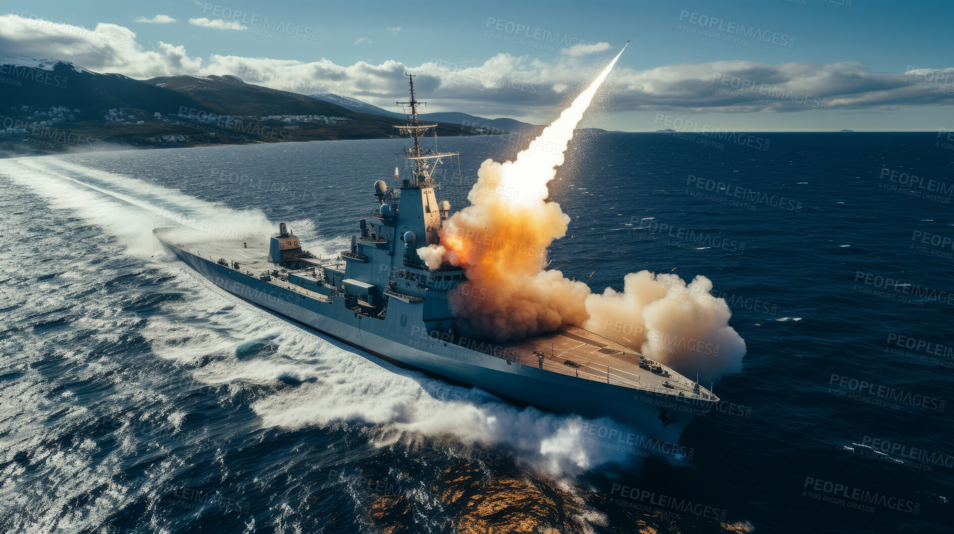 Buy stock photo Naval ship launching missile into sky. Aerial shot. Battleship attacks.