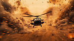 Helicopter flying away from explosion over town. War, destruction. Battlefield.