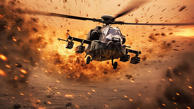 Helicopter flying away from explosion over town. War, destruction. Battlefield.