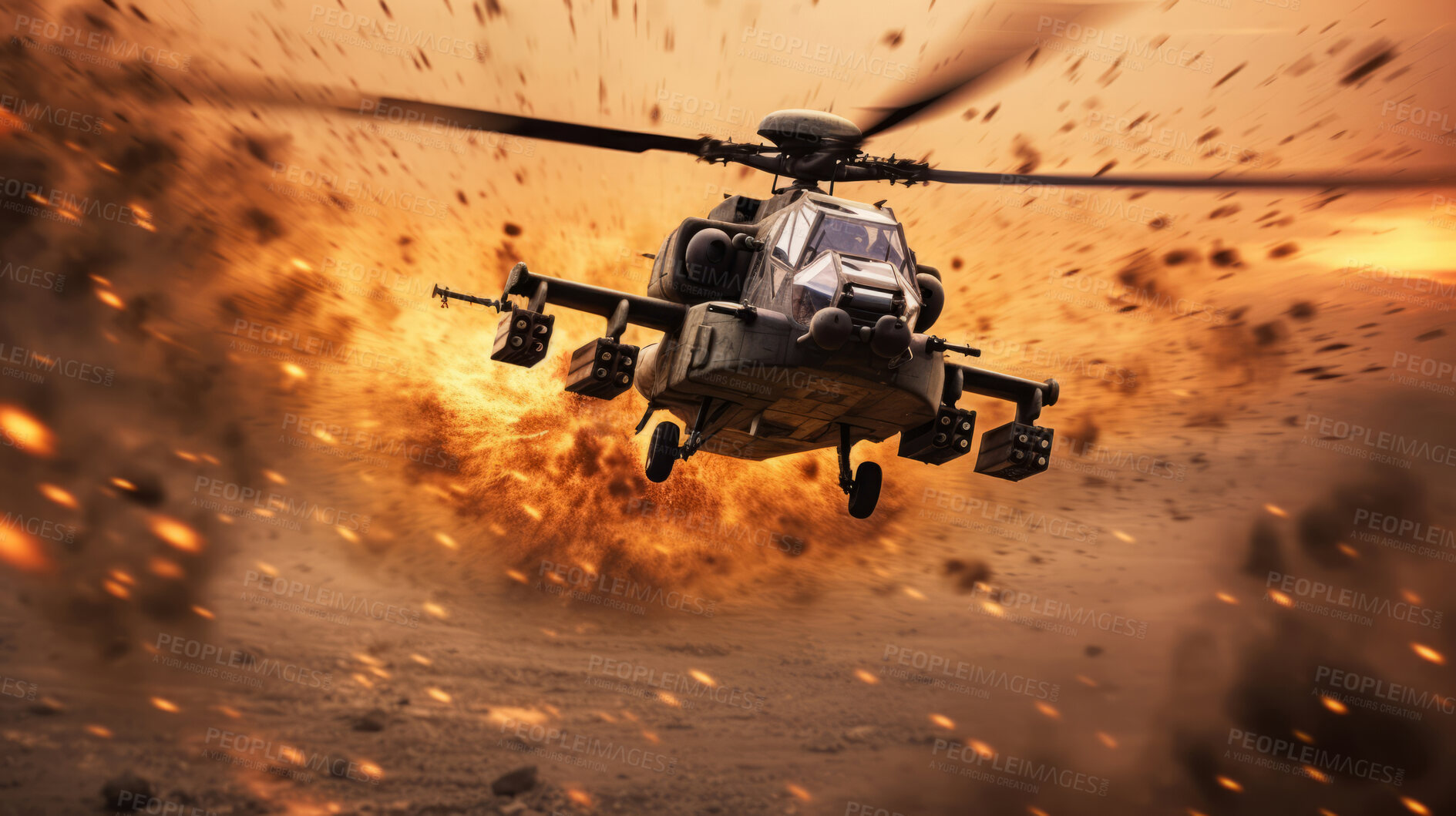 Buy stock photo Helicopter flying away from explosion over town. War, destruction. Battlefield.