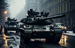 Shot of battle tanks riding through city street.