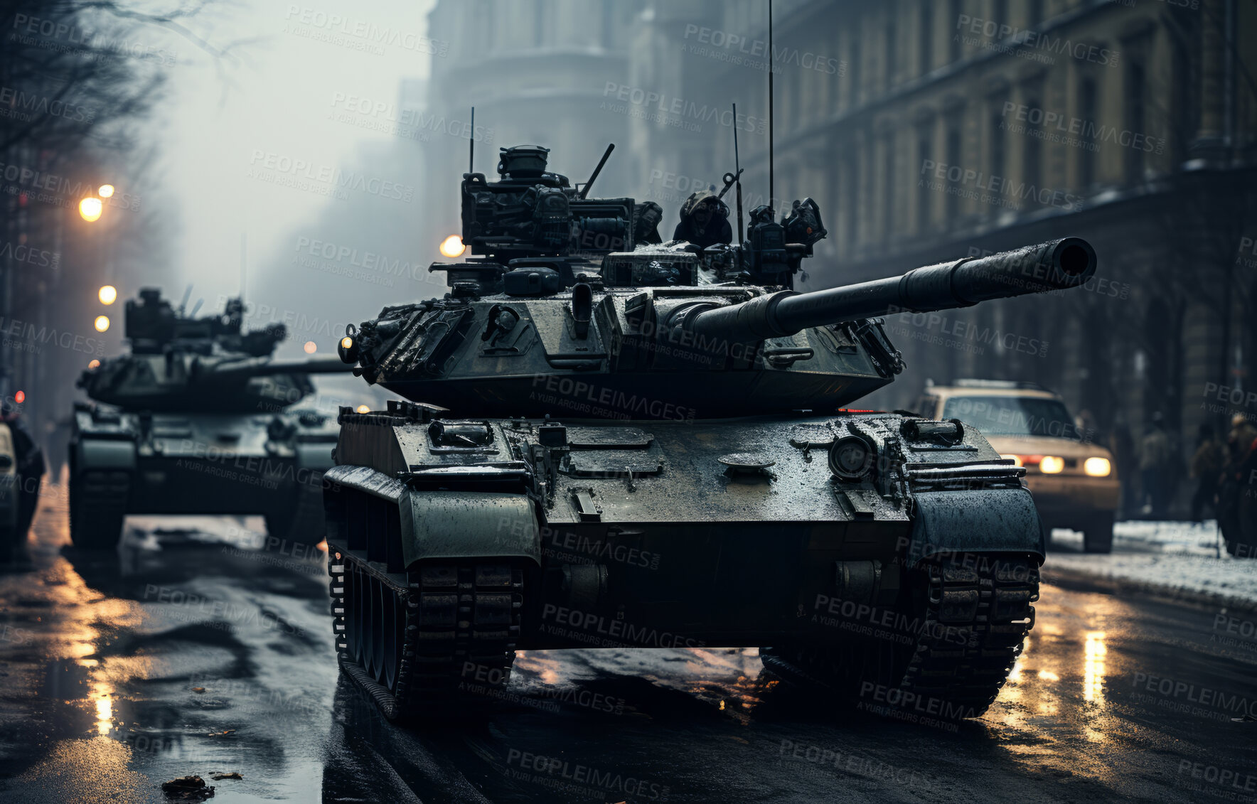 Buy stock photo Shot of battle tanks riding through city street.