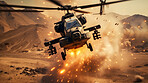 Helicopter flying away from explosion over town. War, destruction. Battlefield.