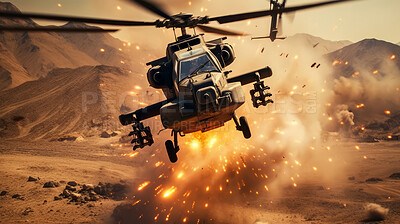 Buy stock photo Helicopter flying away from explosion over town. War, destruction. Battlefield.