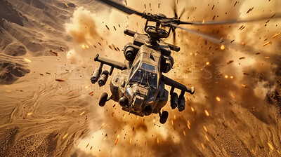 Buy stock photo Helicopter flying away from large explosion in desert. War, destruction. Battlefield.