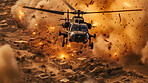 Helicopter flying away from explosion over town. War, destruction. Battlefield.