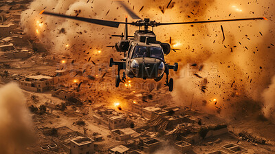 Buy stock photo Helicopter flying away from explosion over town. War, destruction. Battlefield.