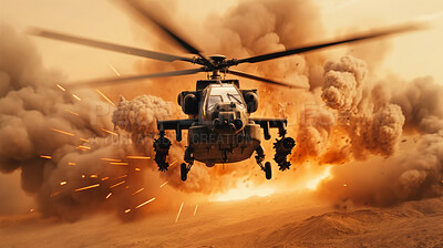 Helicopter flying away from large explosion in desert. War, destruction. Battlefield.
