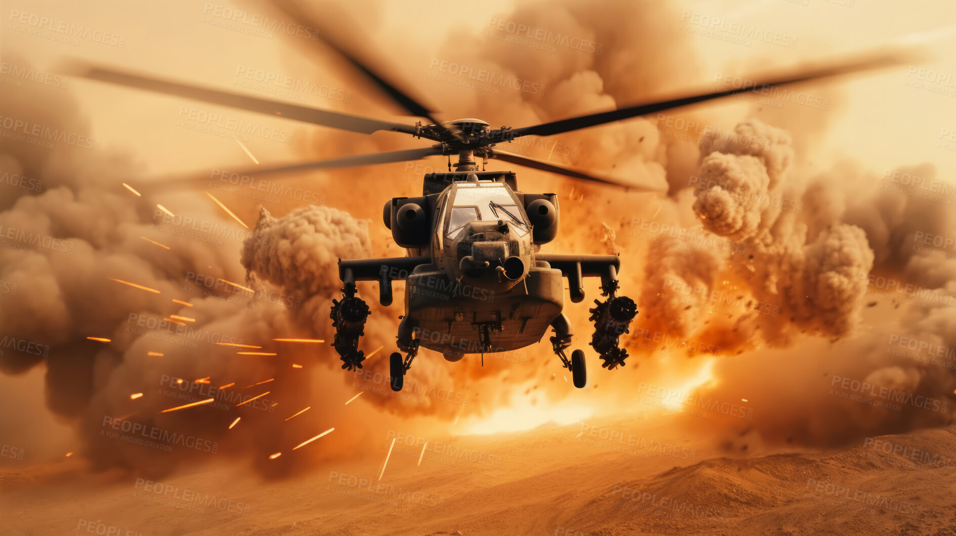 Buy stock photo Helicopter flying away from large explosion in desert. War, destruction. Battlefield.