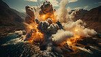 Aerial view of large seaside  explosion. High rising flames. Warfare concept.