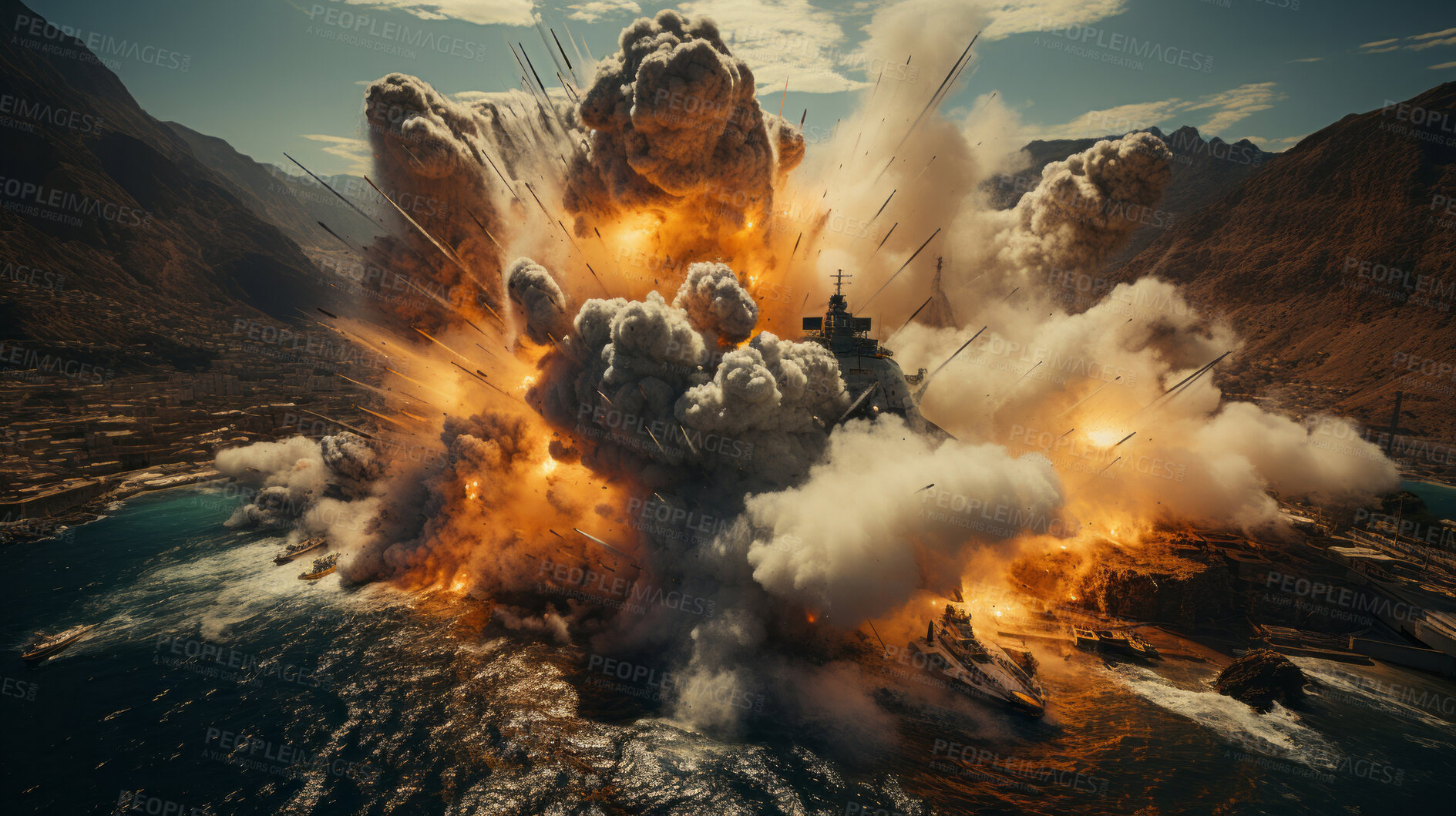 Buy stock photo Aerial view of large seaside  explosion. High rising flames. Warfare concept.