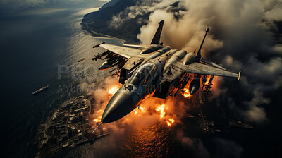 Aerial shot of fighter jet attacking. Explosion and fire. Warfare concept.
