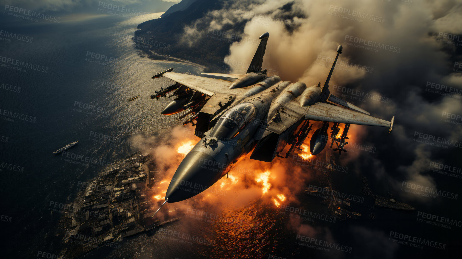 Buy stock photo Aerial shot of fighter jet attacking. Explosion and fire. Warfare concept.