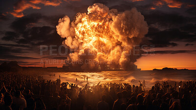 Buy stock photo Large crowd looking at big nuclear explosion at night.