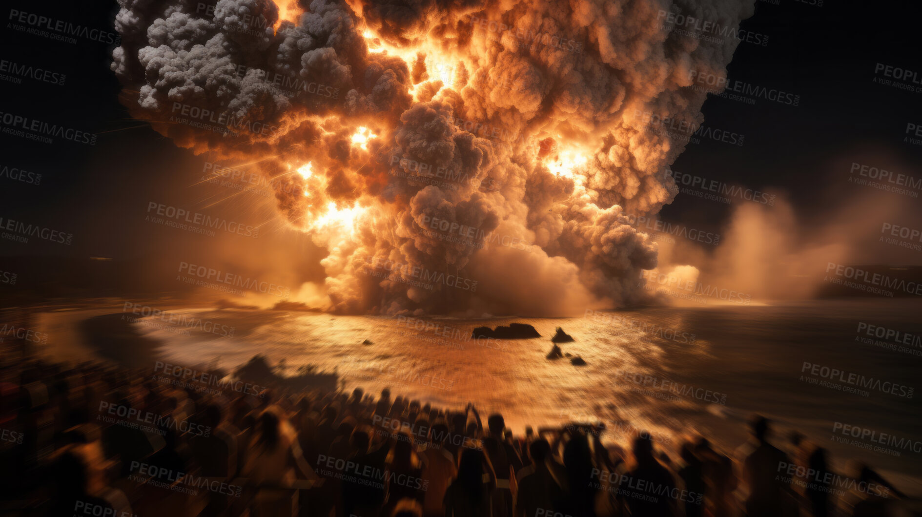 Buy stock photo Large crowd looking at big nuclear explosion at night.