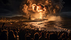 Large crowd looking at big nuclear explosion at night.