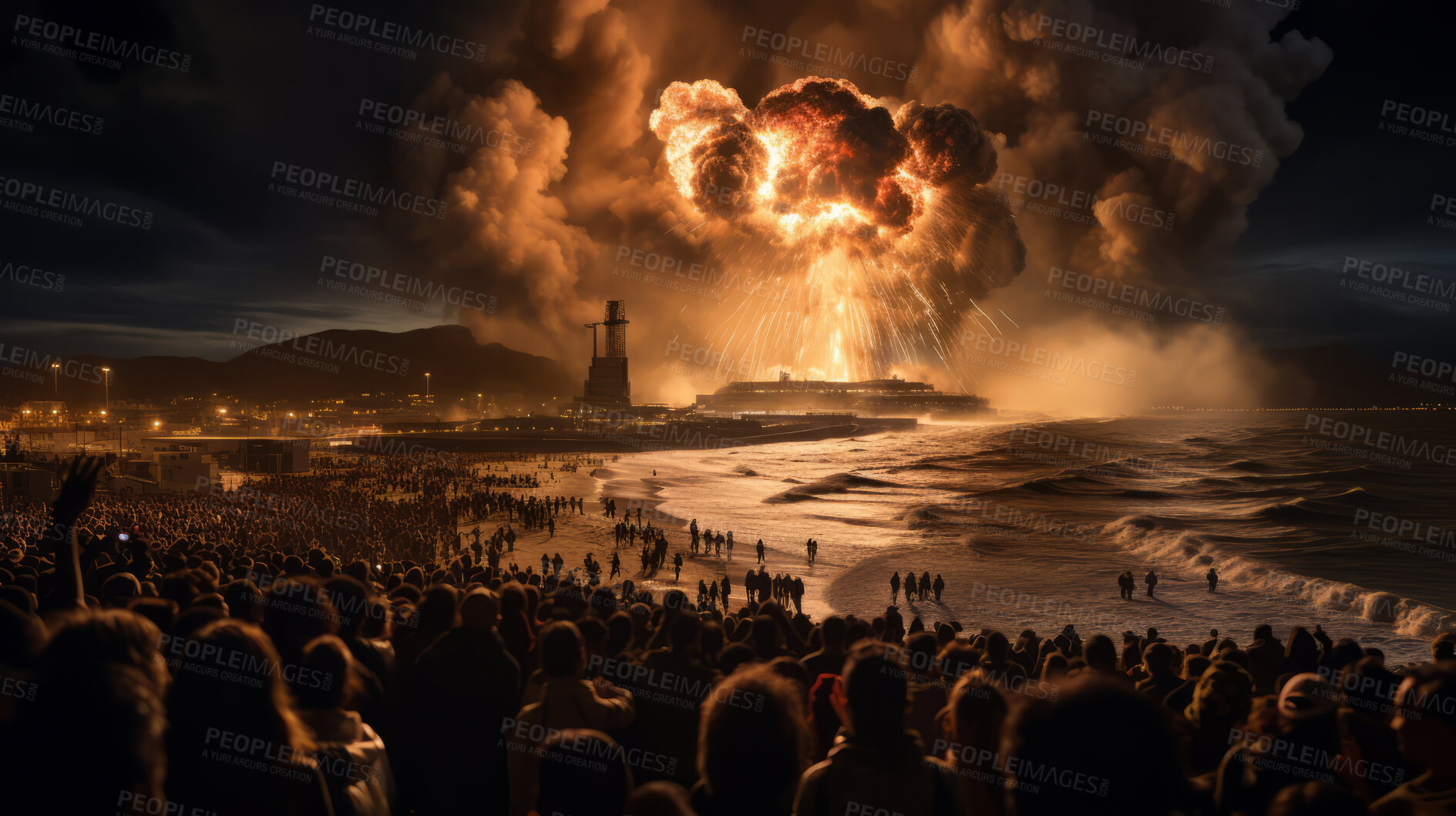 Buy stock photo Large crowd looking at big nuclear explosion at night.