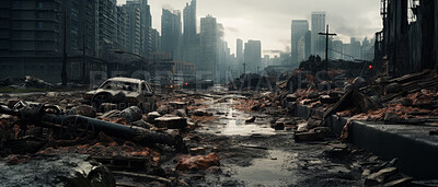 Destroyed buildings in war torn city. Complete destruction.