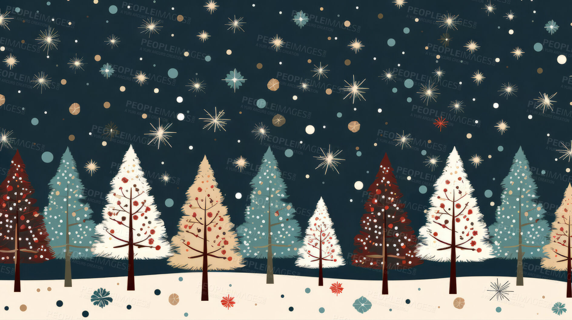 Buy stock photo Retro pattern with stars and trees. Christmas background concept.