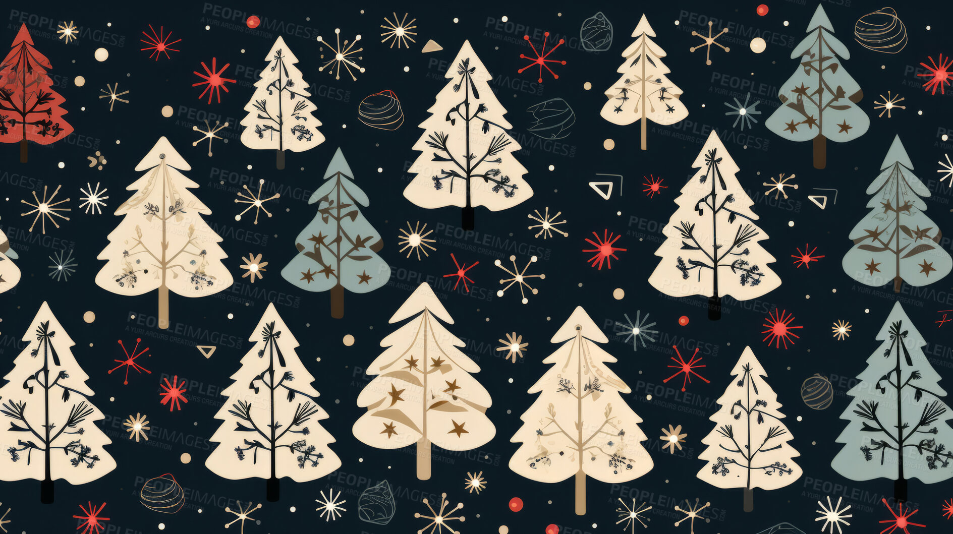 Buy stock photo Retro pattern with stars and trees. Christmas background concept.