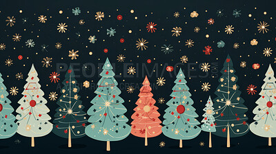 Buy stock photo Retro pattern with stars and trees. Christmas background concept.