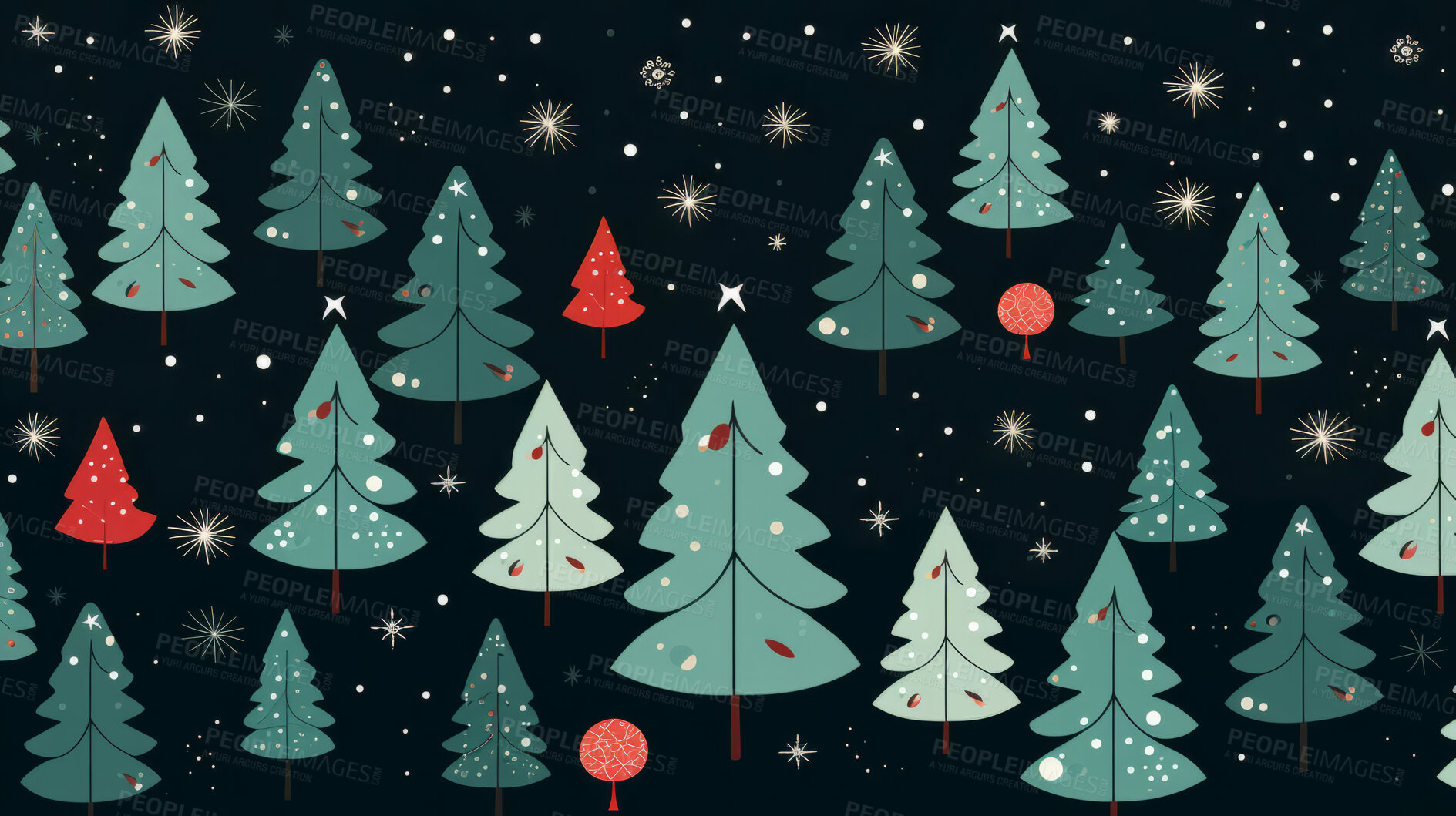 Buy stock photo Retro pattern with stars and trees. Christmas background concept.