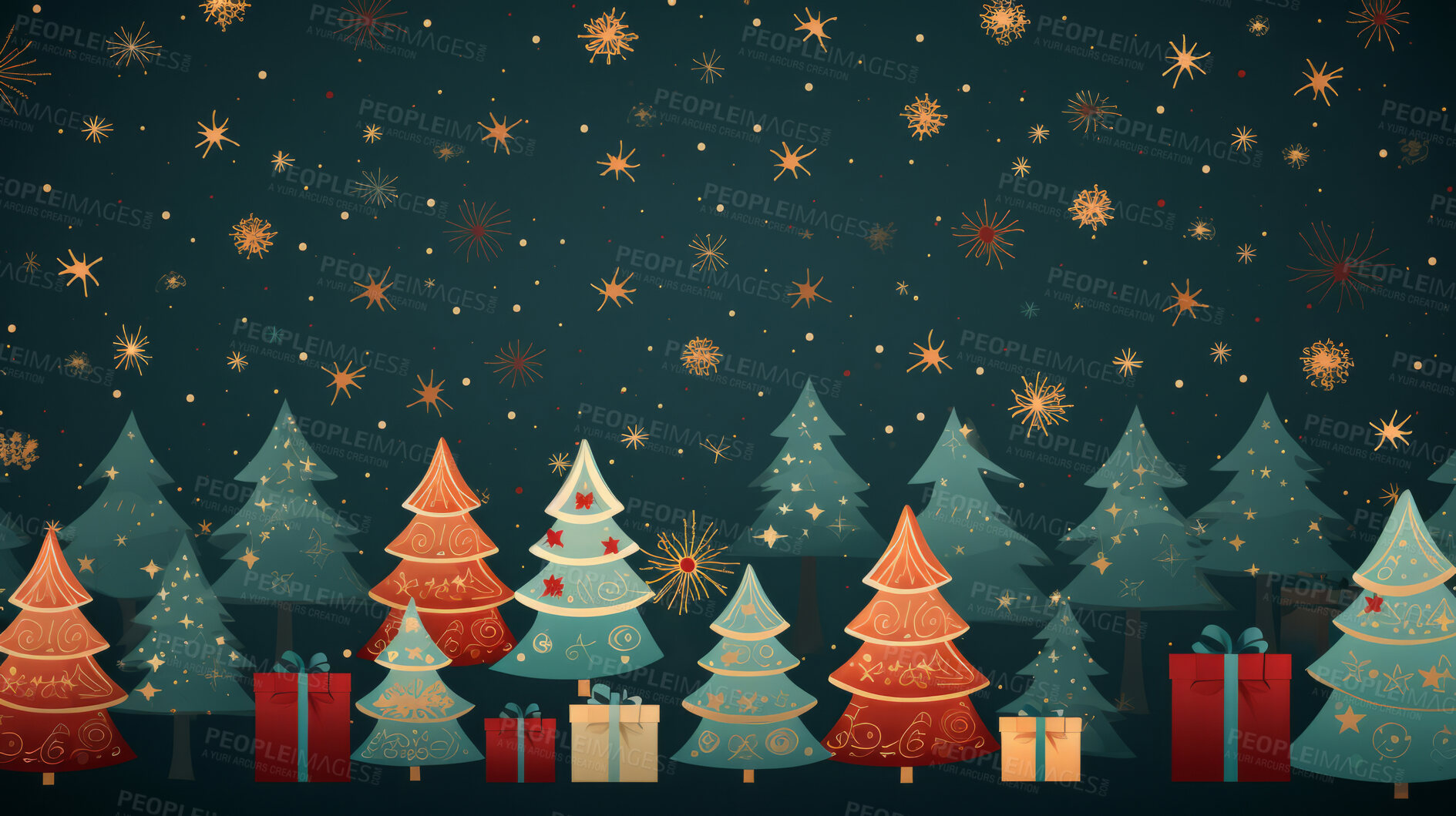 Buy stock photo Retro pattern with stars,trees and gifts. Christmas background concept.