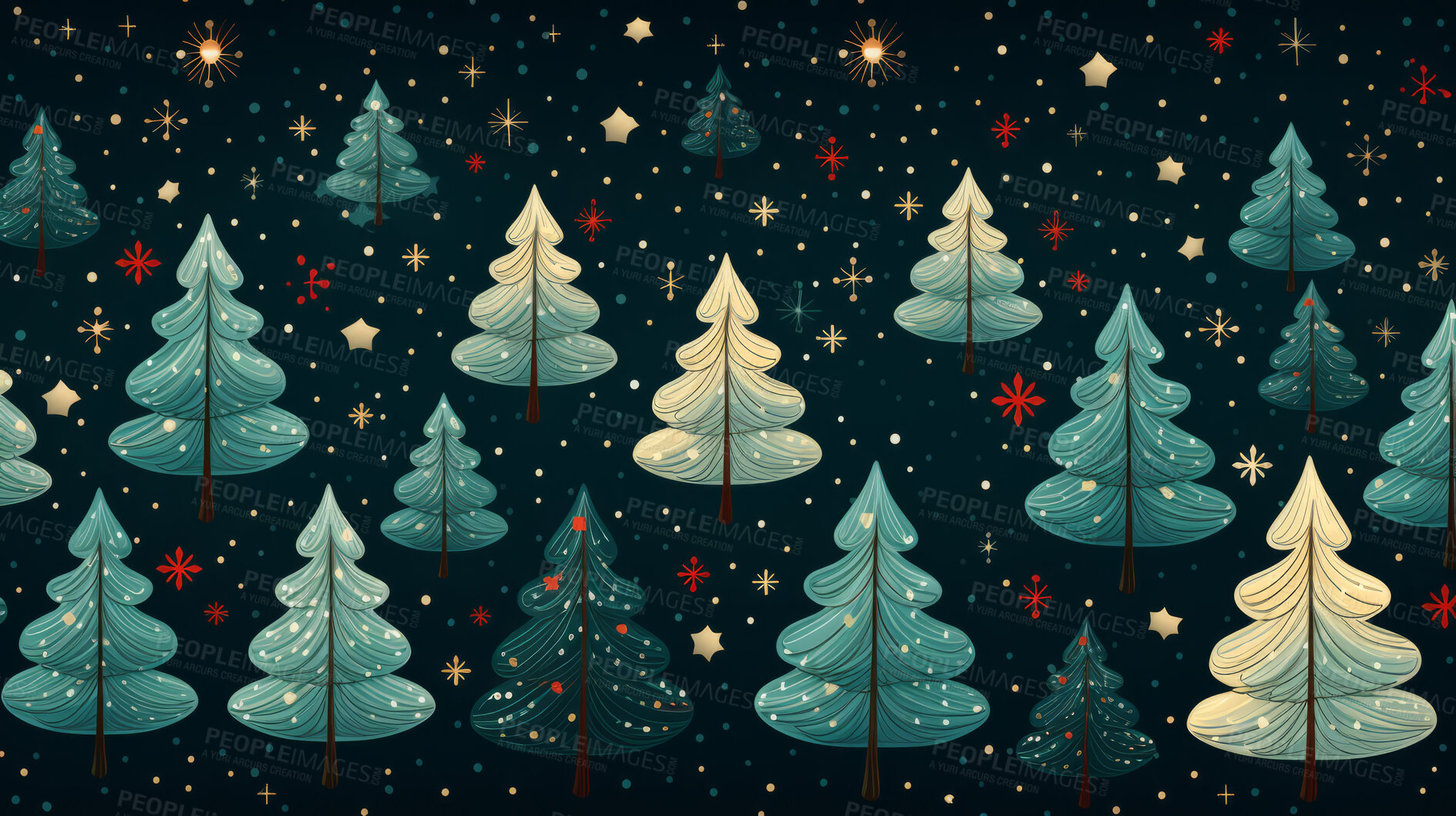 Buy stock photo Retro  pattern with stars and trees. Christmas background with snowflakes.