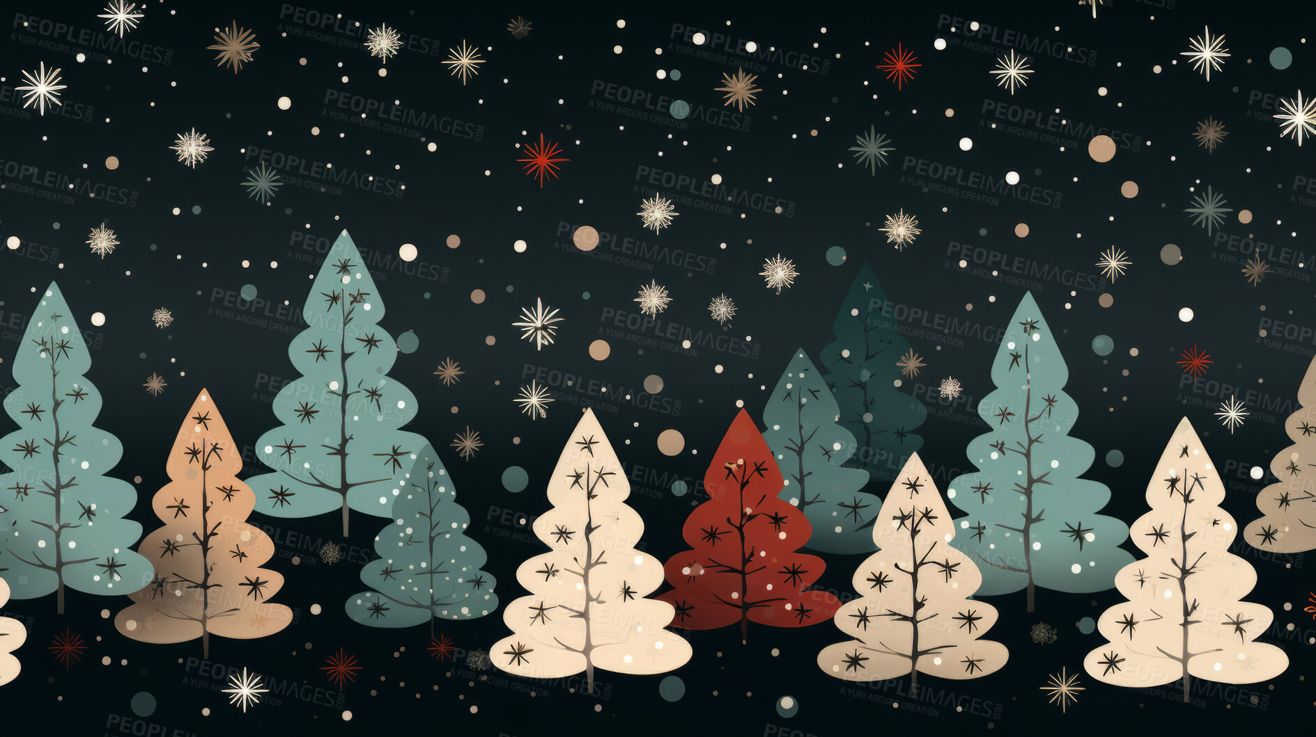 Buy stock photo Retro  pattern with stars and trees. Christmas background with snowflakes.