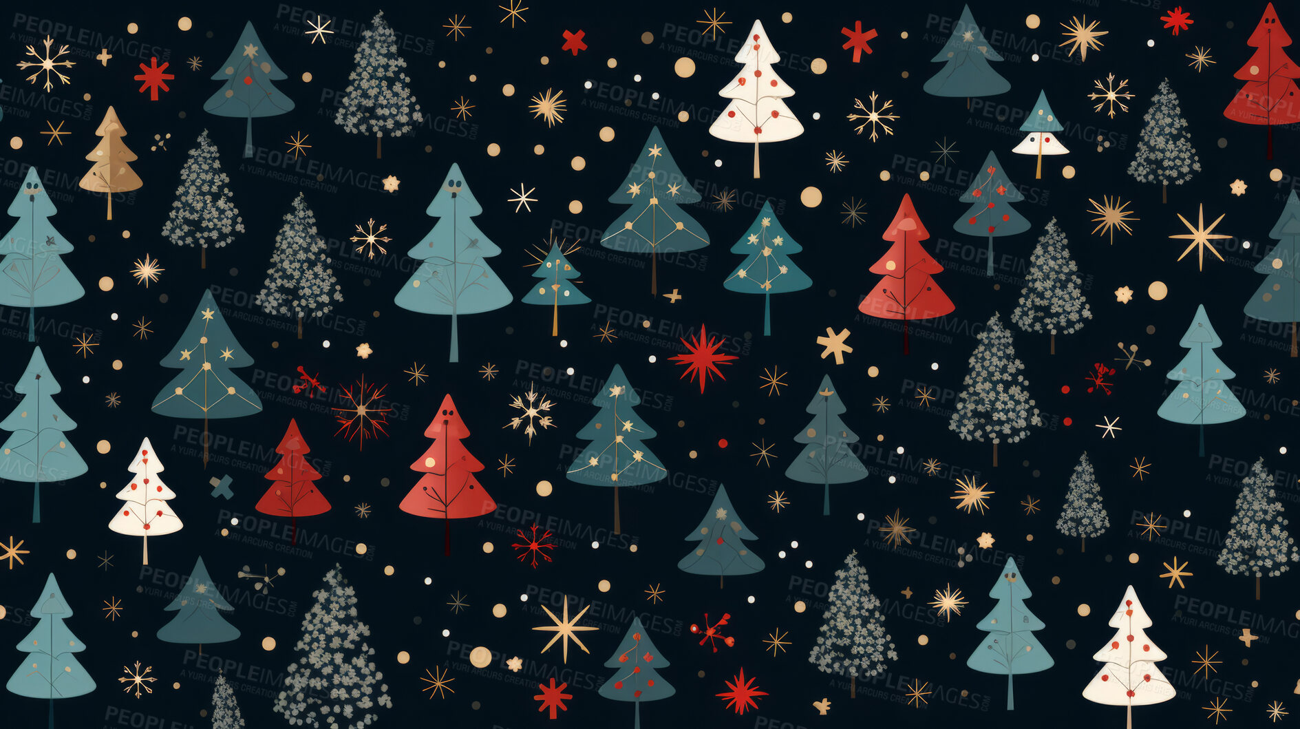 Buy stock photo Retro  pattern with stars and trees. Christmas background with snowflakes.