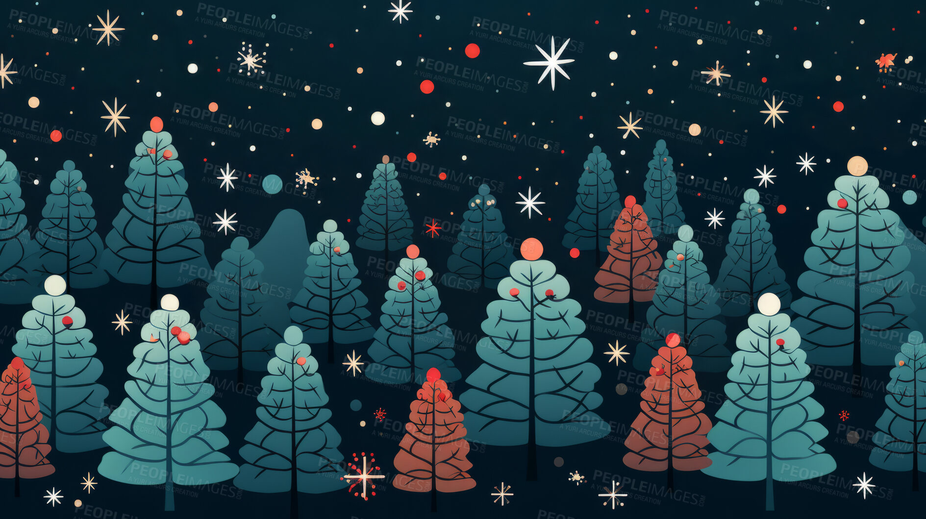 Buy stock photo Retro  pattern with stars and trees. Christmas background with snowflakes.