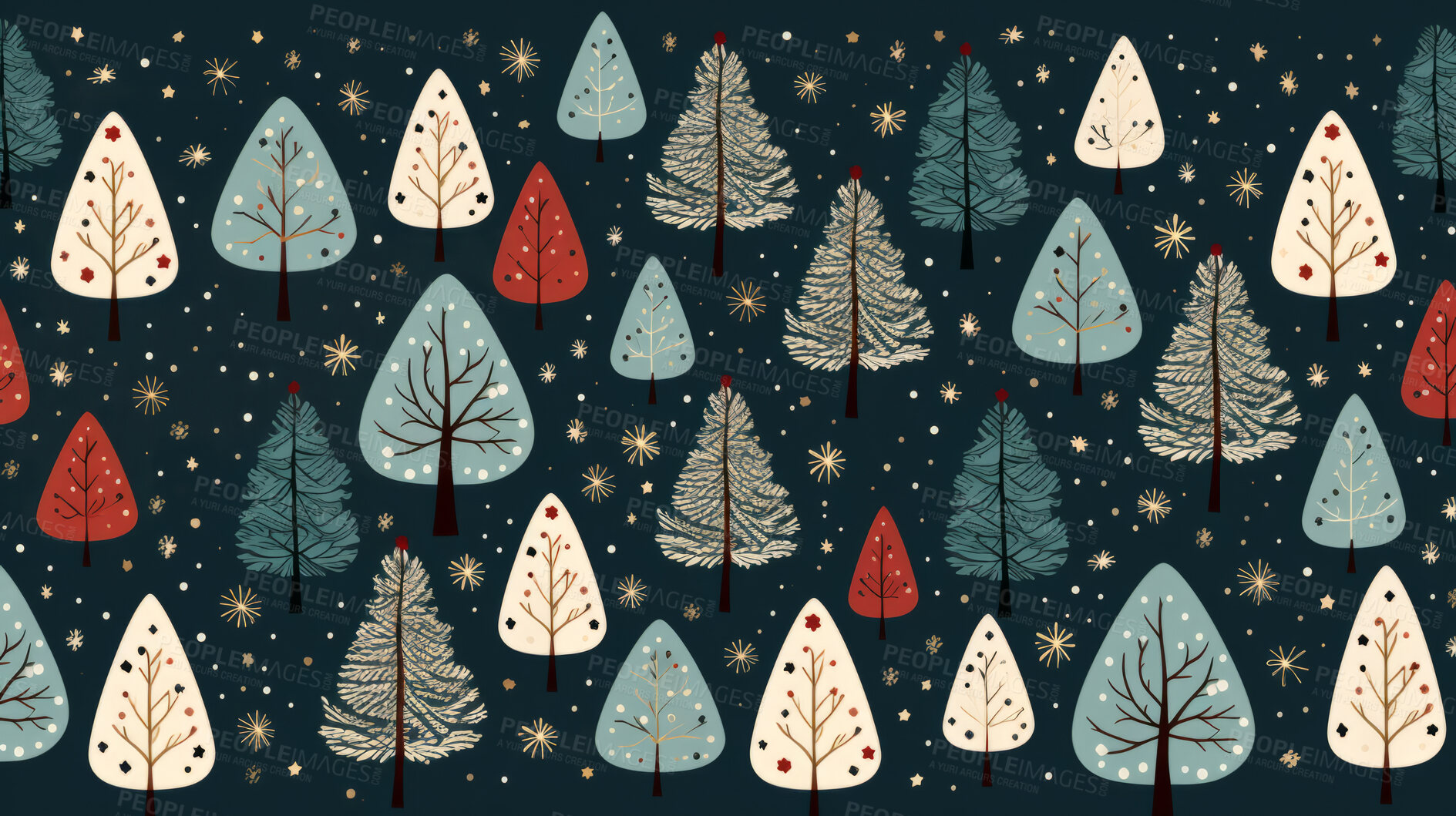 Buy stock photo Retro  pattern with stars and trees. Christmas background with snowflakes.