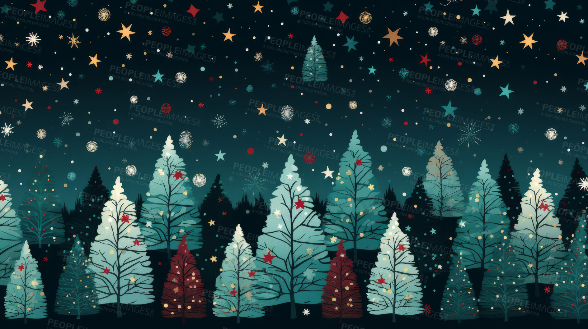 Buy stock photo Retro  pattern with stars and trees. Christmas background with snowflakes.