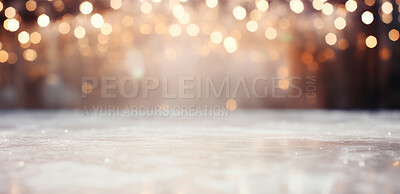 Table surface against glitter abstract background. Gold bokeh backdrop.