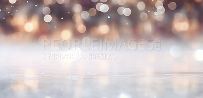 Buy stock photo Table surface against glitter abstract background. Gold bokeh backdrop.