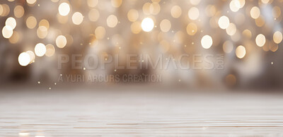 Table surface against glitter abstract background. Gold bokeh backdrop.