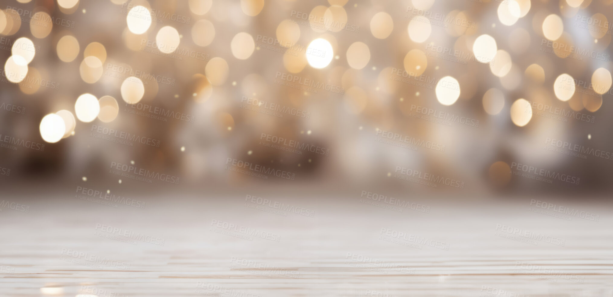 Buy stock photo Table surface against glitter abstract background. Gold bokeh backdrop.