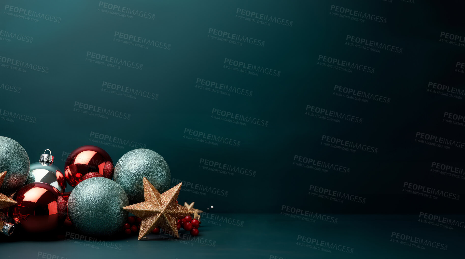 Buy stock photo Christmas decoration items against clear green backdrop. Christmas concept.