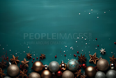 Christmas decoration items against clear green backdrop. Christmas concept.