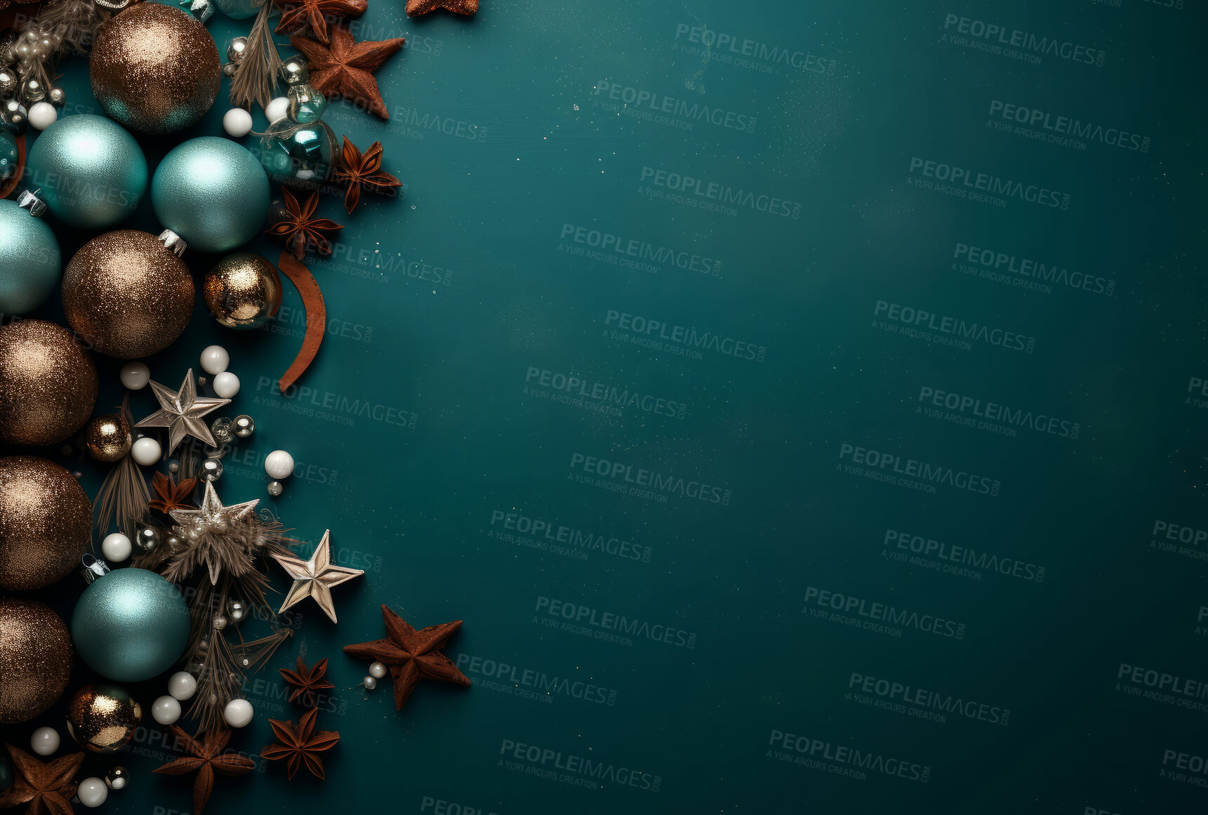 Buy stock photo Christmas decoration items against clear green backdrop. Christmas concept.