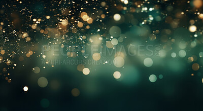 Glitter abstract lights. Green, gold dust and shine. Luxury bokeh backdrop.