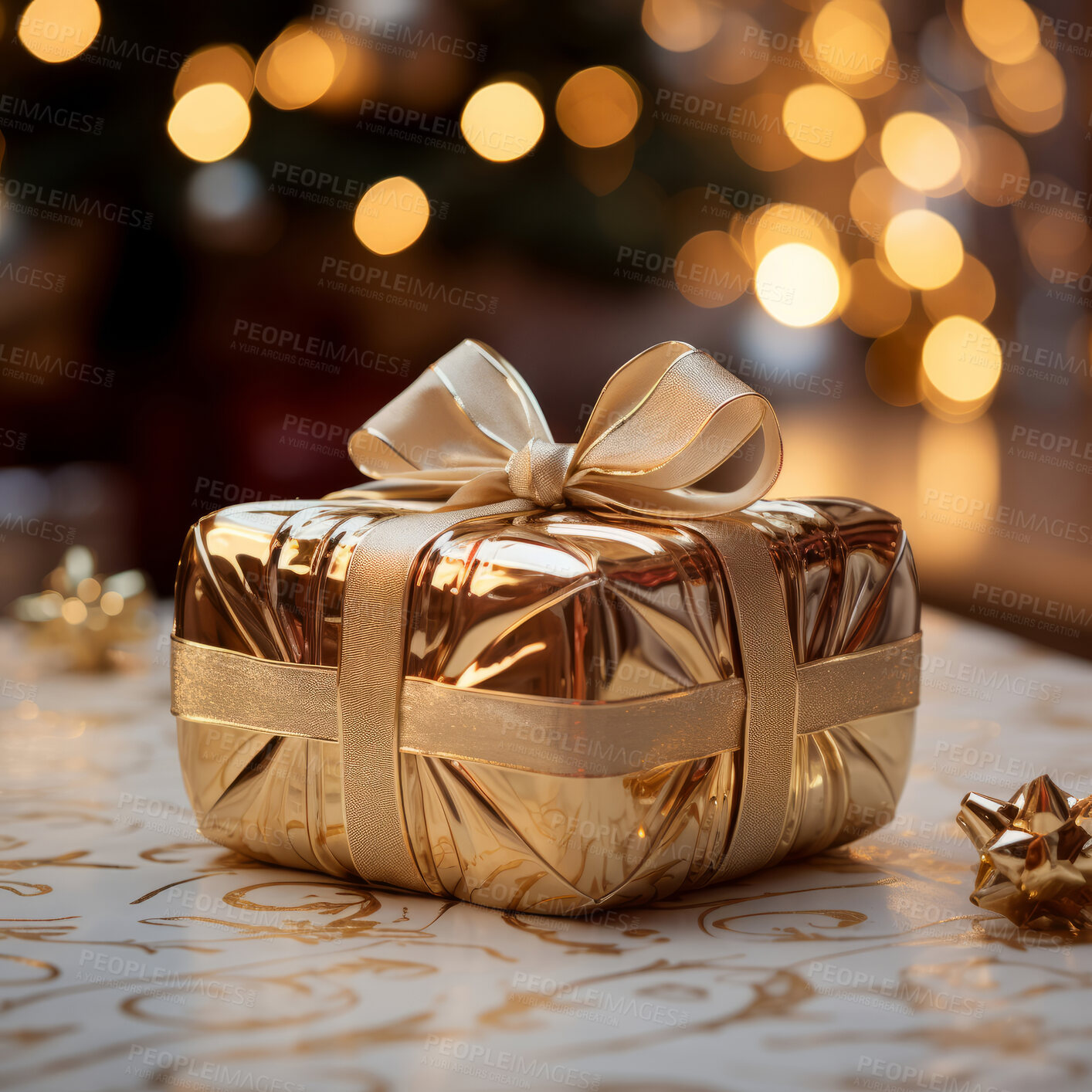 Buy stock photo Gift with ribbon and bow on table. Bokeh in background.